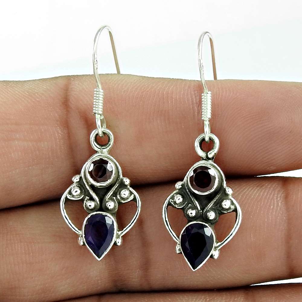 Birthday Gift For Her Natural Garnet Dangle Ethnic Earrings 925 Silver S48
