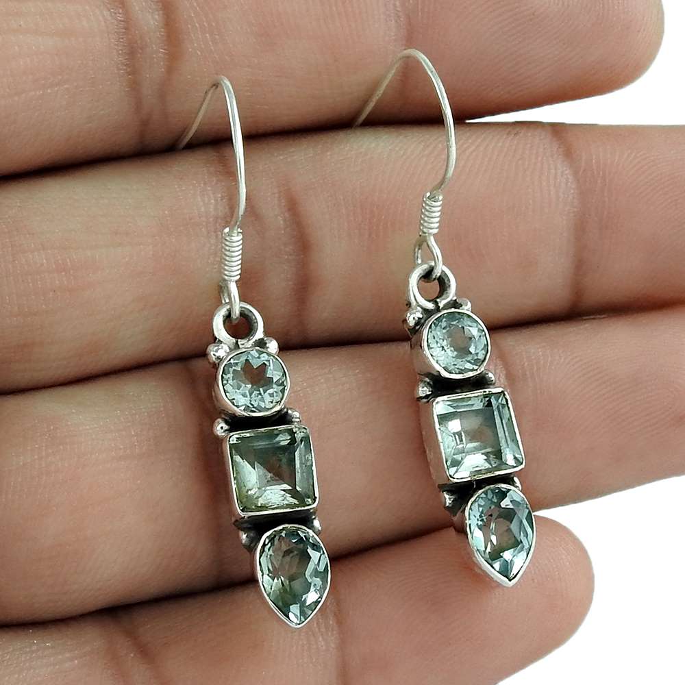 Gift For Her Natural Blue Topaz Dangle Bohemian Earrings 925 Silver V48
