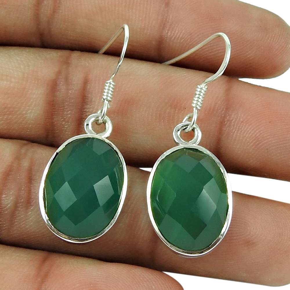 Party Wear 925 Sterling Silver Green Onyx Gemstone Earrings