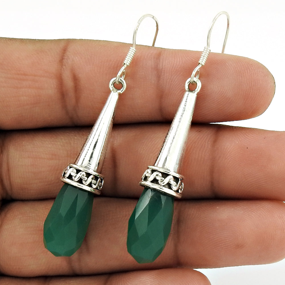 Gift For Her Natural Green Onyx Drop/Dangle Boho Earrings 925 Silver N17