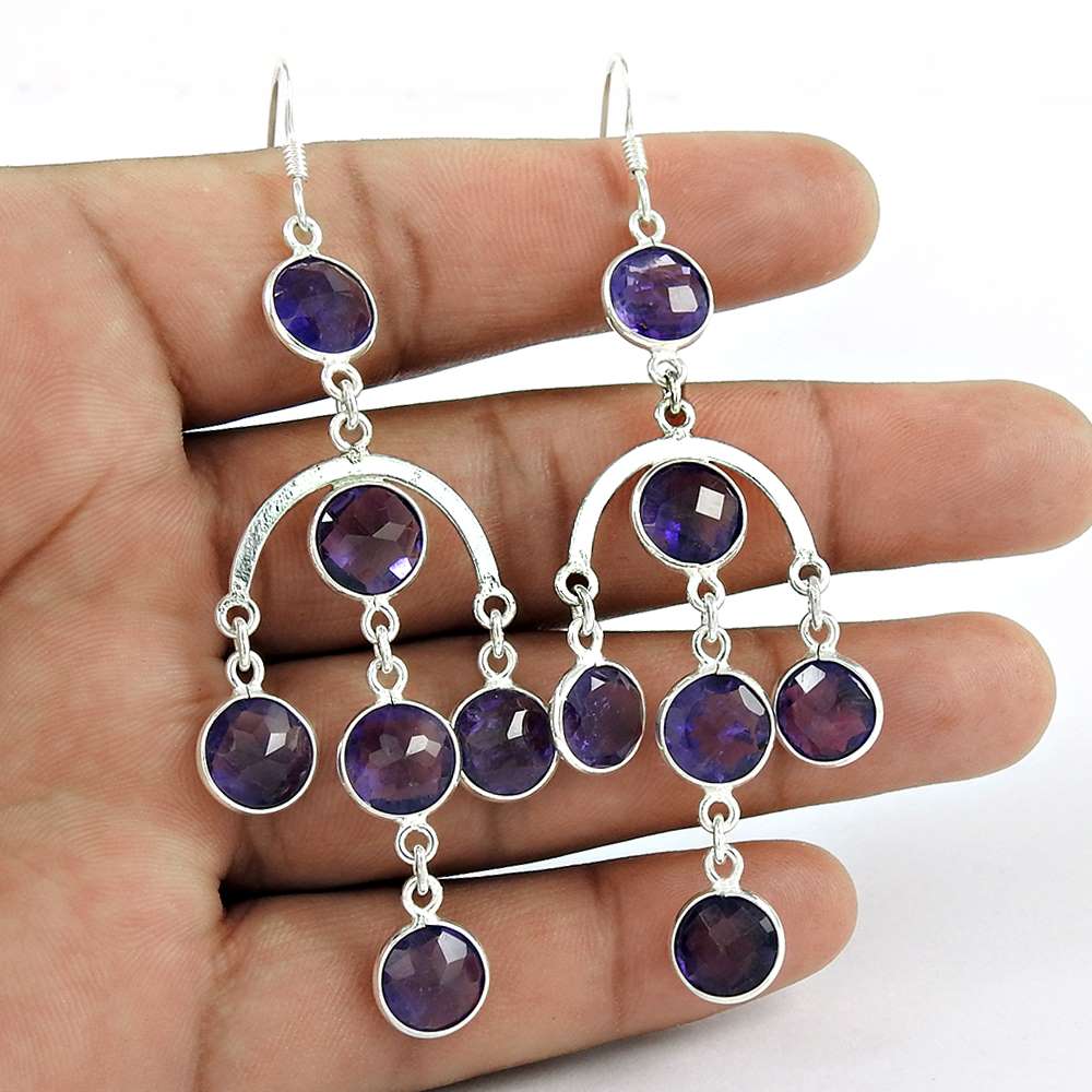 Natural Amethyst Gemstone 925 Silver Dangle Boho Earrings For Girls B53