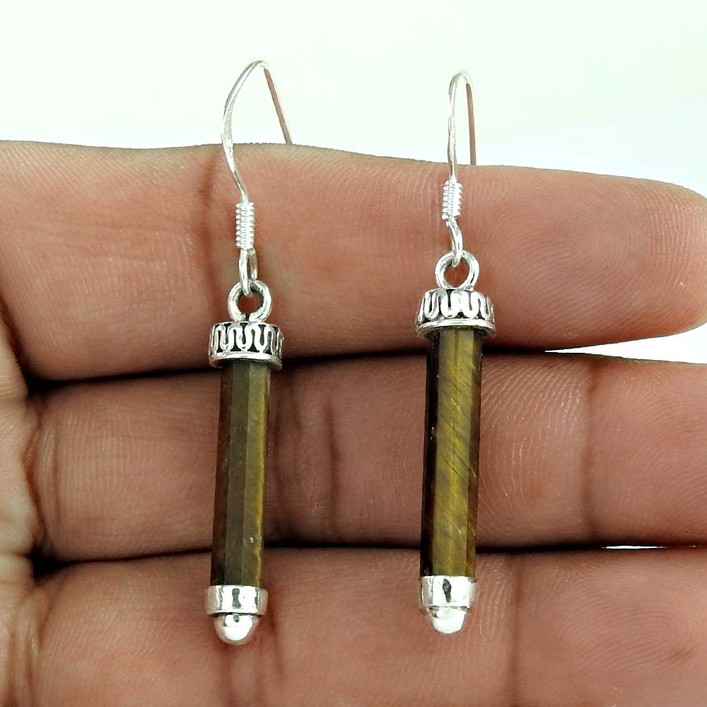 Gift For Women Dangle Ethnic Earrings 925 Silver Natural Tiger'S Eye C53