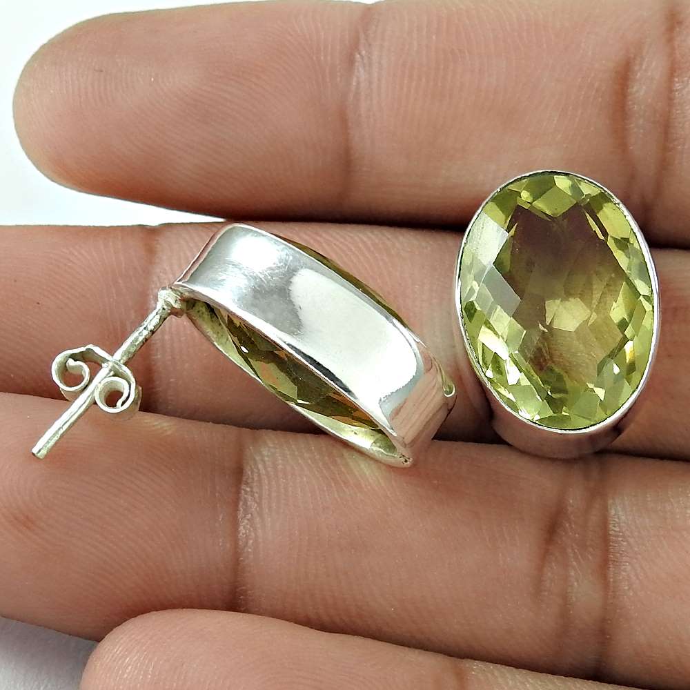 Natural Lemon Quartz Gemstone Stud Bohemian Earrings 925 Sterling Silver J53
