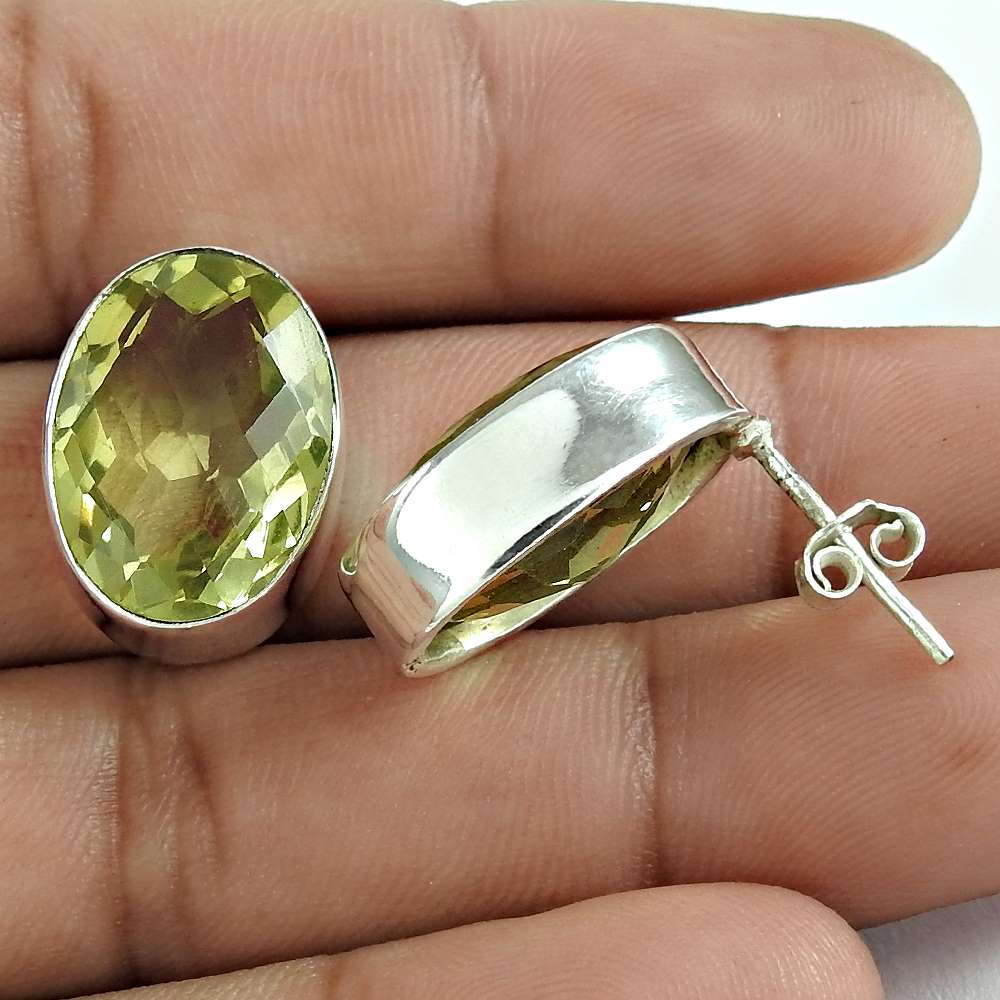 Natural Lemon Quartz Gemstone Stud Tribal Earrings 925 Silver For Girls R53