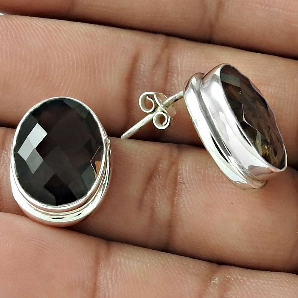 Gift For Women Stud Ethnic Earrings 925 Silver Natural Smoky Quartz Gemstone W53