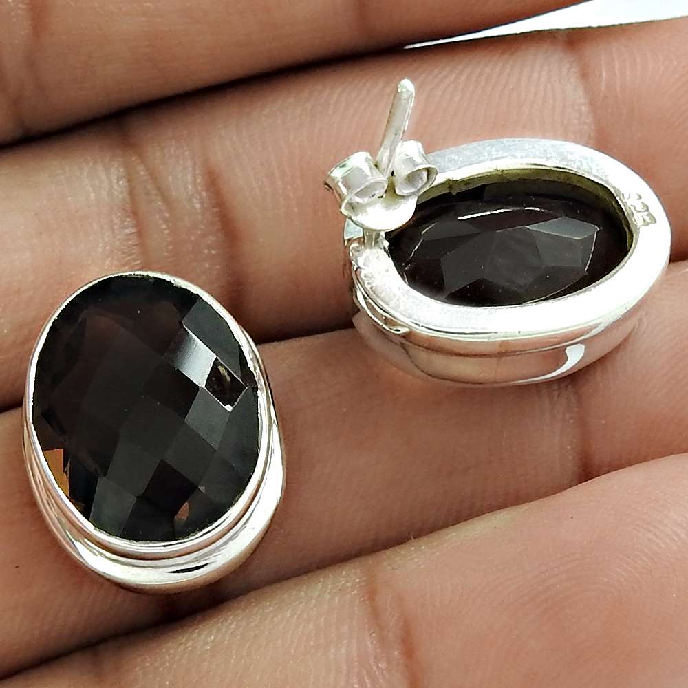 Birthday Gift For Her Natural Smoky Quartz Stud Vintage Earrings 925 Silver B54