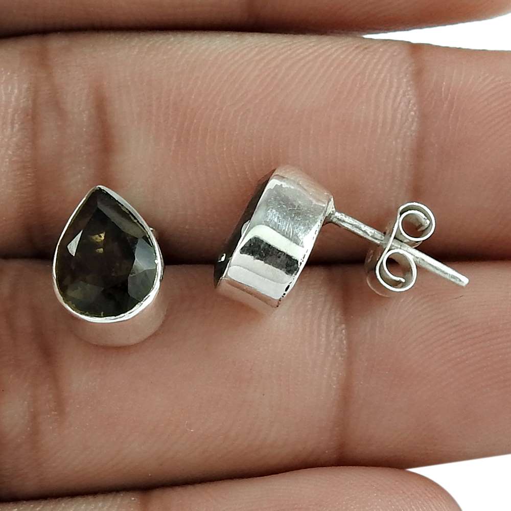 Natural Smoky Quartz Gemstone Stud Boho Earrings 925 Sterling Silver Jewelry N4