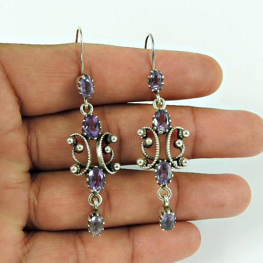 Natural Amethyst Gemstone Dangle Ethnic Earrings 925 Silver For Women P54