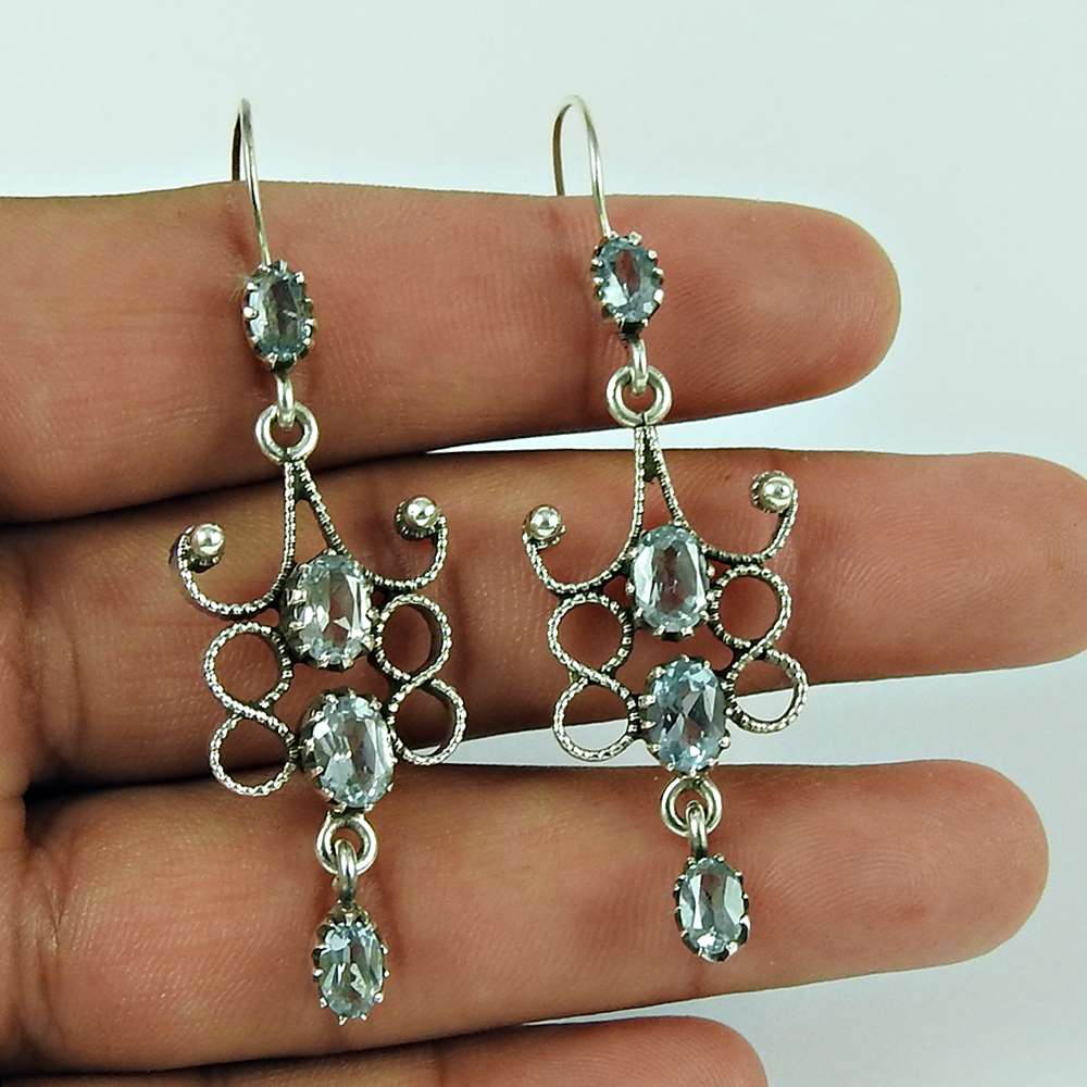 Natural Topaz Gemstone 925 Silver Dangle Ethnic Earrings For Women R54