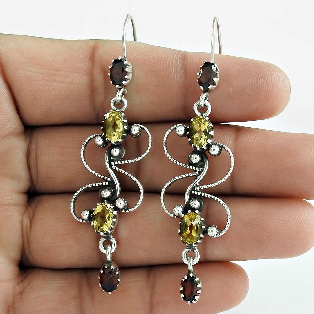 Wedding Gift For Her 925 Silver Natural Garnet Dangle Tribal Earrings X54