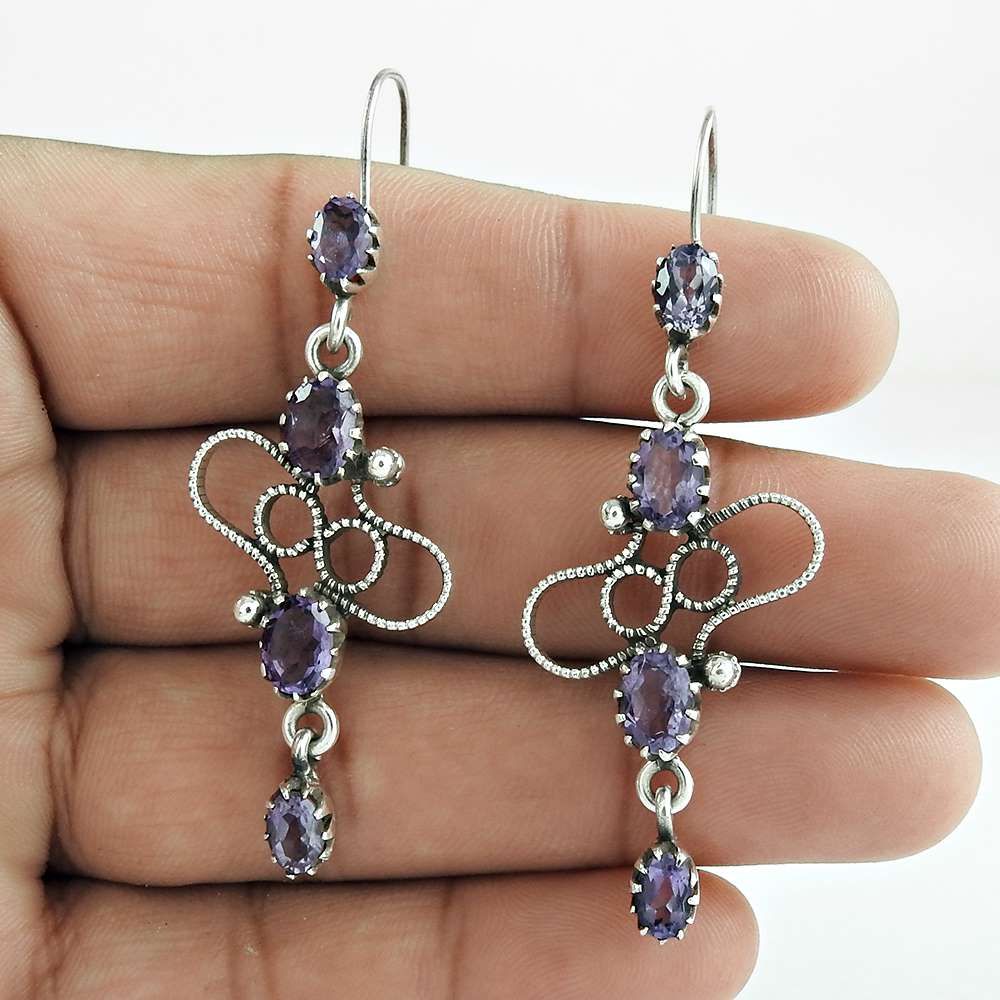 Gift For Women Dangle Vintage Earrings 925 Silver Natural Amethyst H55