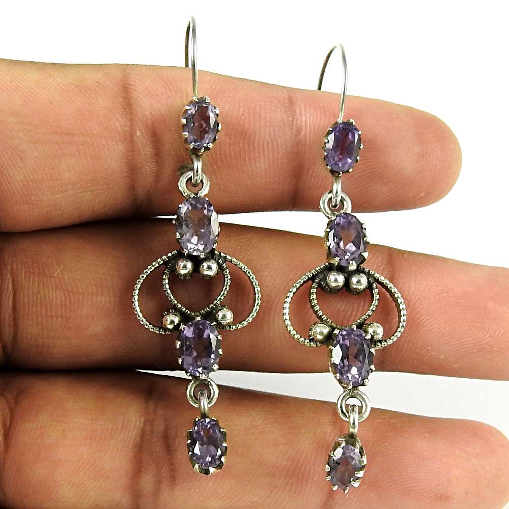 Gift For Her Natural Amethyst Dangle Ethnic Earrings 925 Silver N55