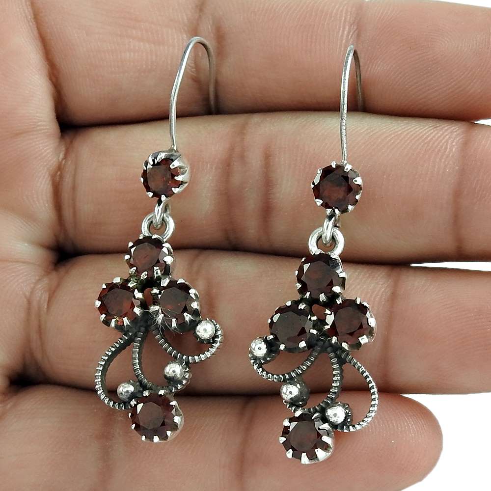Gift For Her Natural Garnet Dangle Vintage Earrings 925 Silver Q3