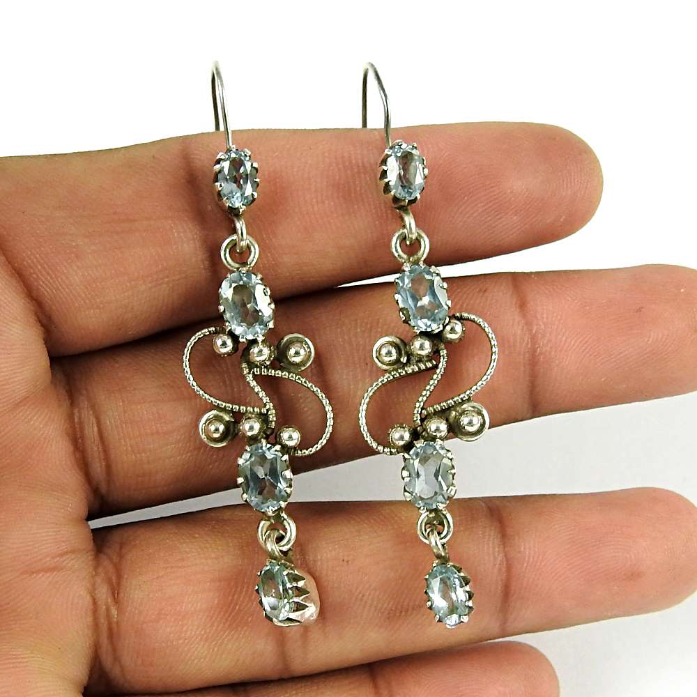 Natural Topaz Gemstone 925 Silver Dangle Vintage Earrings For Women W55