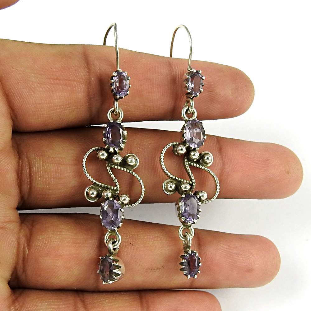 Gift For Her Natural Amethyst Dangle Tribal Earrings 925 Silver Z55
