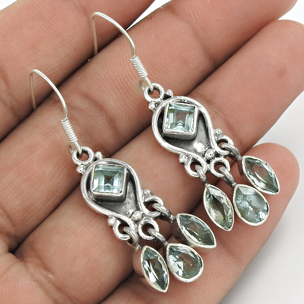 Natural Blue Topaz Gemstone Drop/Dangle Ethnic Earrings 925 Silver For Women U17