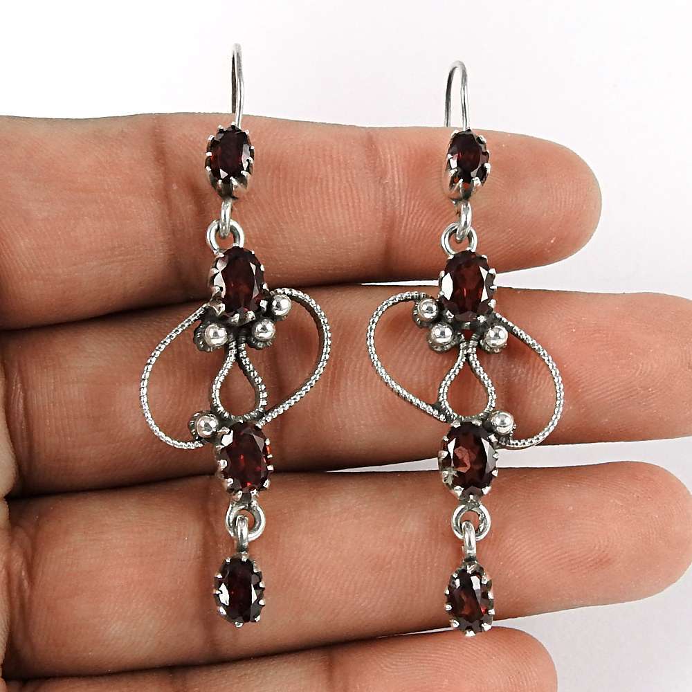 Gift For Women Dangle Tribal Earrings 925 Silver Natural Garnet D56