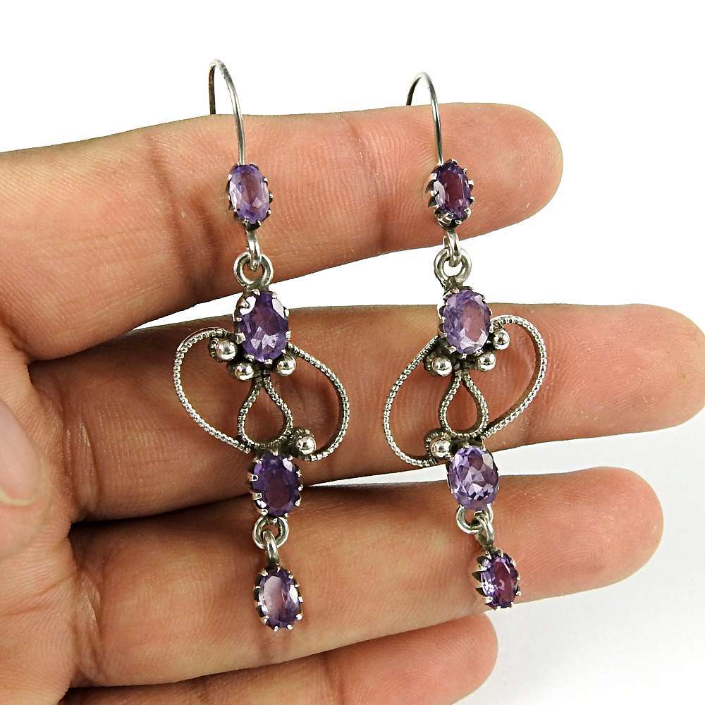 Natural Amethyst Gemstone 925 Silver Dangle Bohemian Earrings For Women F56