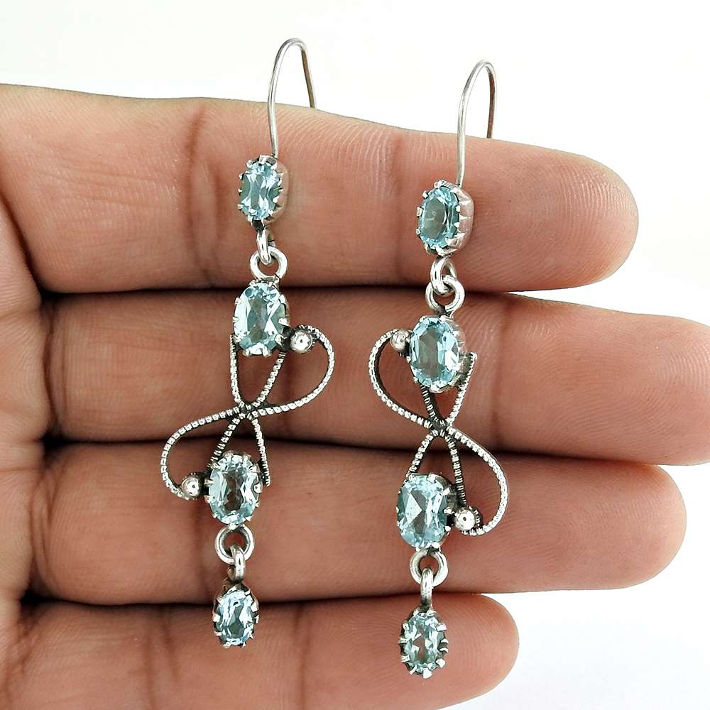 Gift For Her Natural Blue Topaz Dangle Ethnic Earrings 925 Silver N56