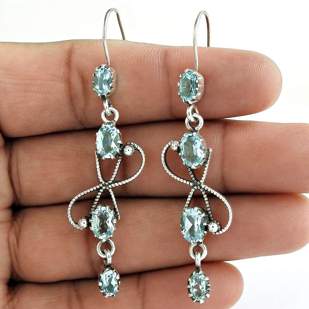 Gift For Her Natural Blue Topaz Dangle Boho Earrings 925 Silver O56