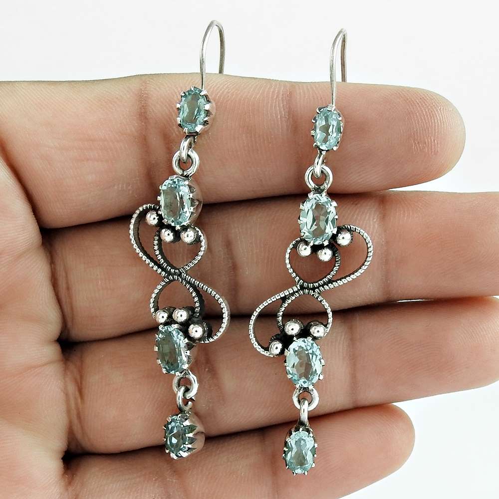Natural Topaz Gemstone 925 Silver Dangle Vintage Earrings For Girls W56