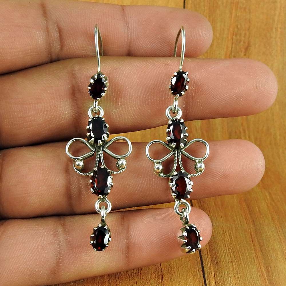 Gift For Women Dangle Tribal Earrings 925 Silver Natural Garnet X56