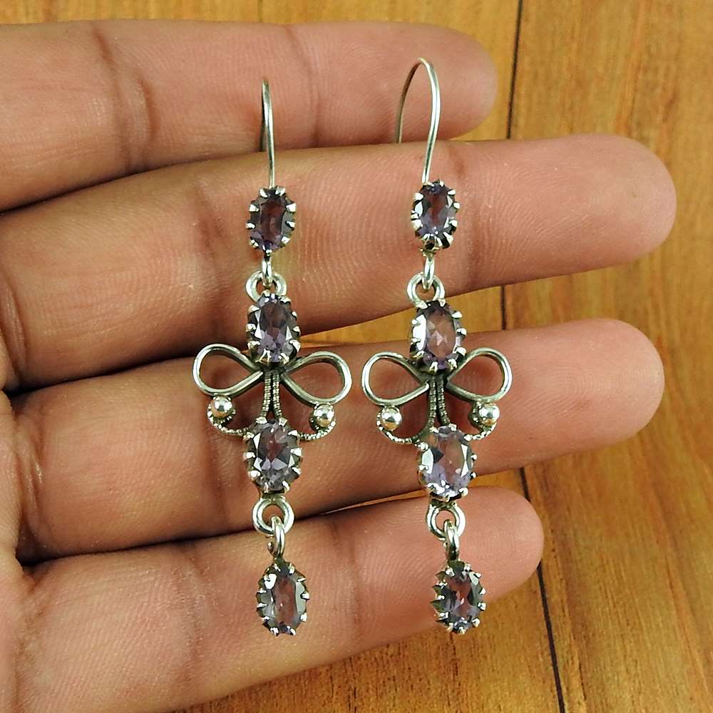 Natural Amethyst Gemstone 925 Silver Dangle Ethnic Earrings For Girls Z56