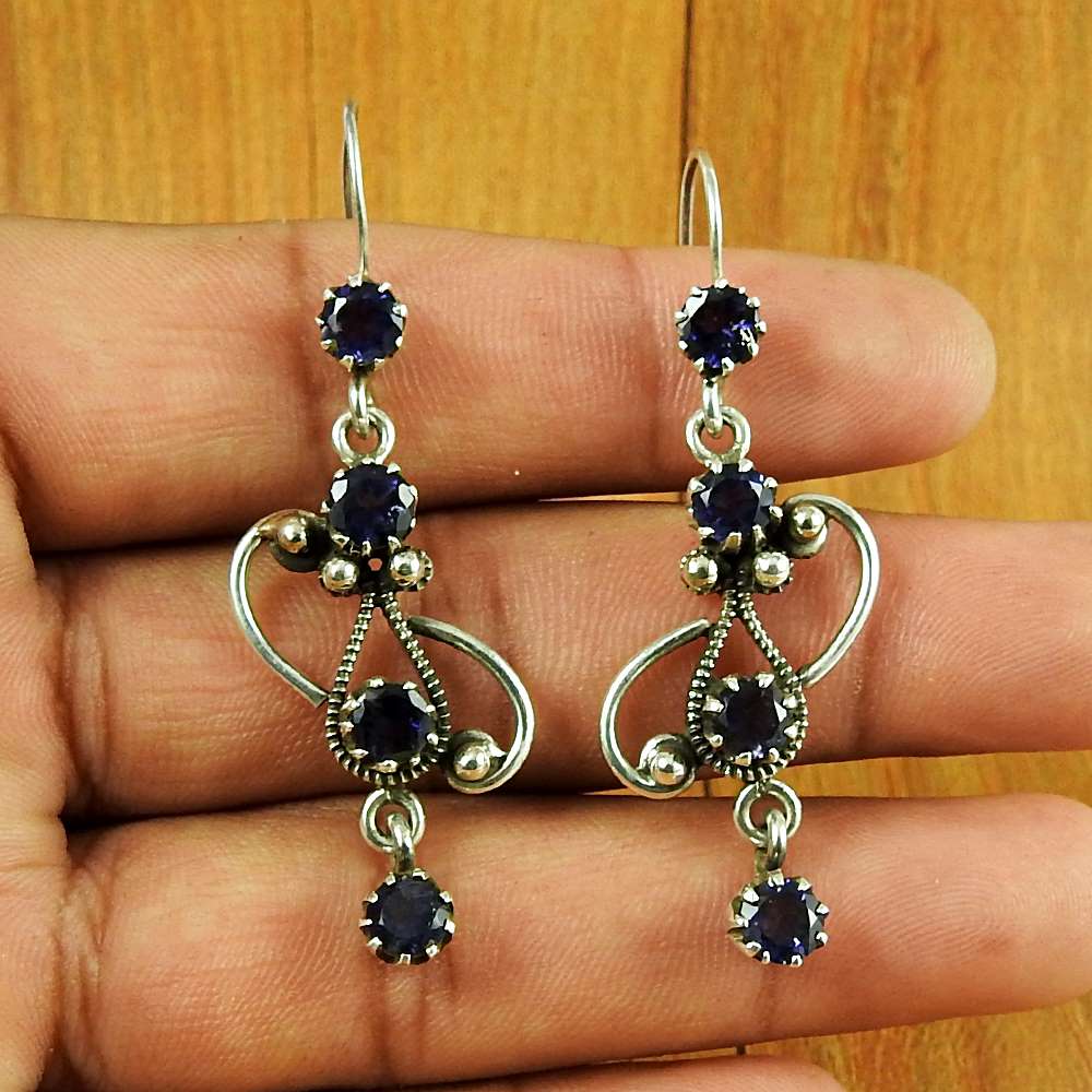 Natural Iolite Gemstone Dangle Vintage Earrings 925 Silver For Girls C57