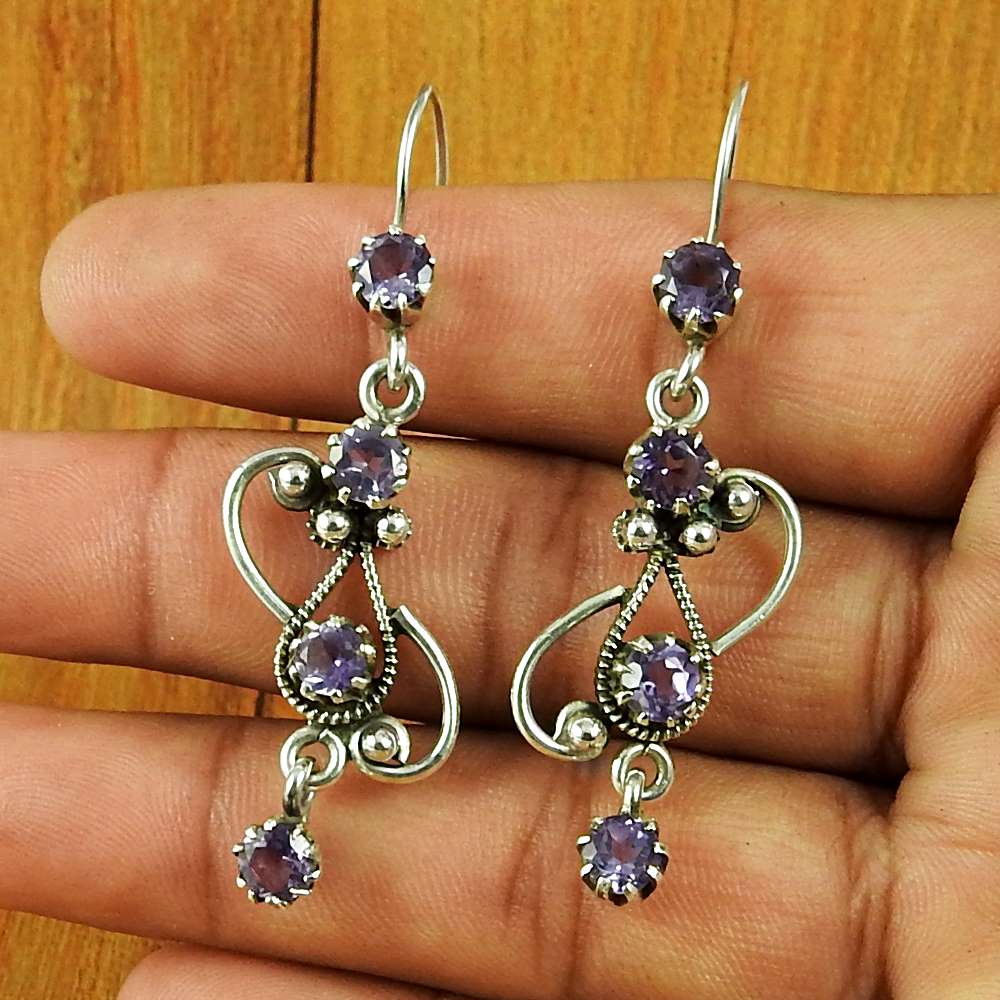 Wedding Gift For Her 925 Silver Natural Amethyst Dangle Ethnic Earrings G57