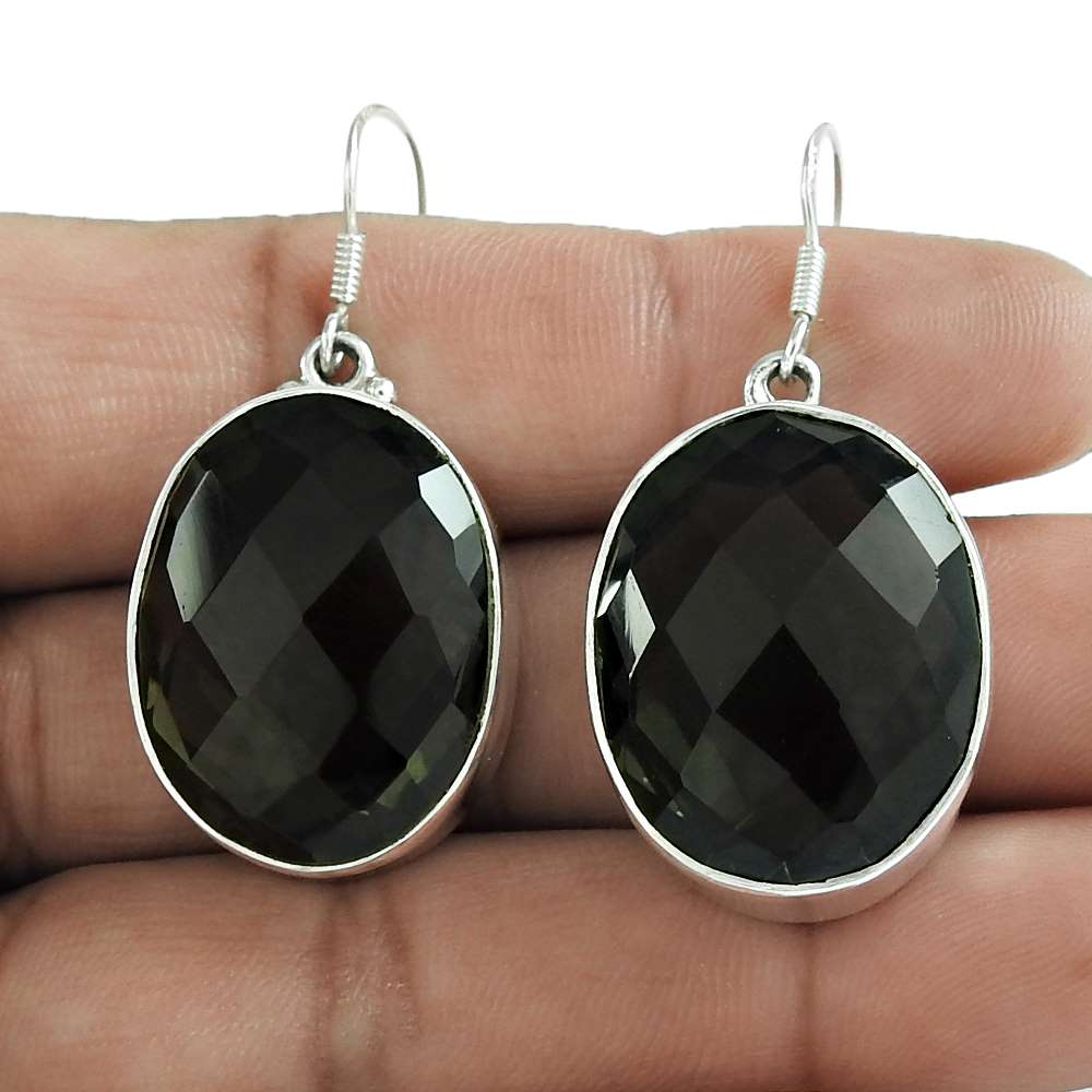 Natural Tourmaline Gemstone Dangle Ethnic Black Earrings 925 Silver I57