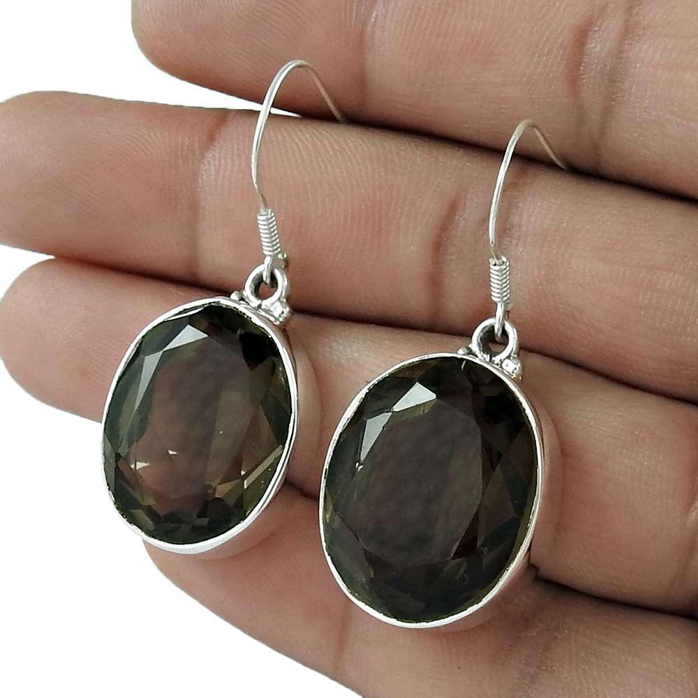 Gift For Women Dangle Ethnic Earrings 925 Silver Natural Smoky Quartz N57