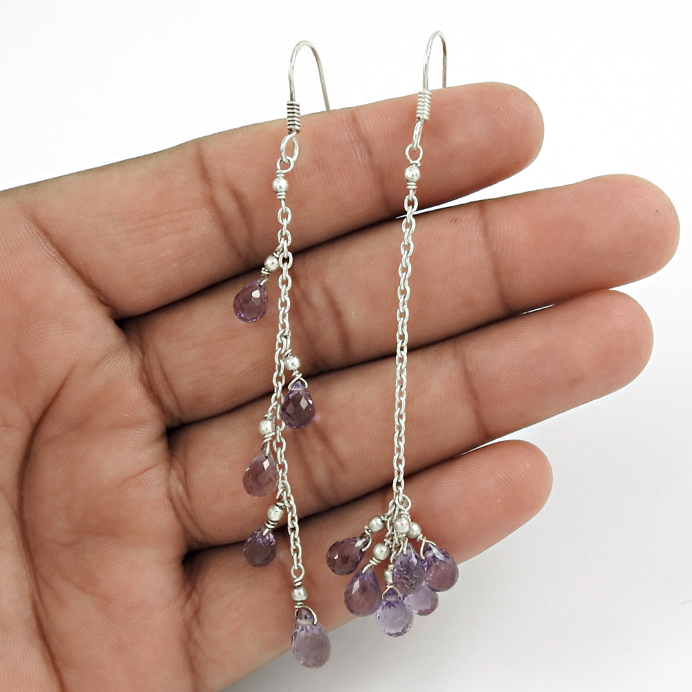 Natural Amethyst Gemstone Drop/Dangle Bohemian Earrings 925 Sterling Silver A18