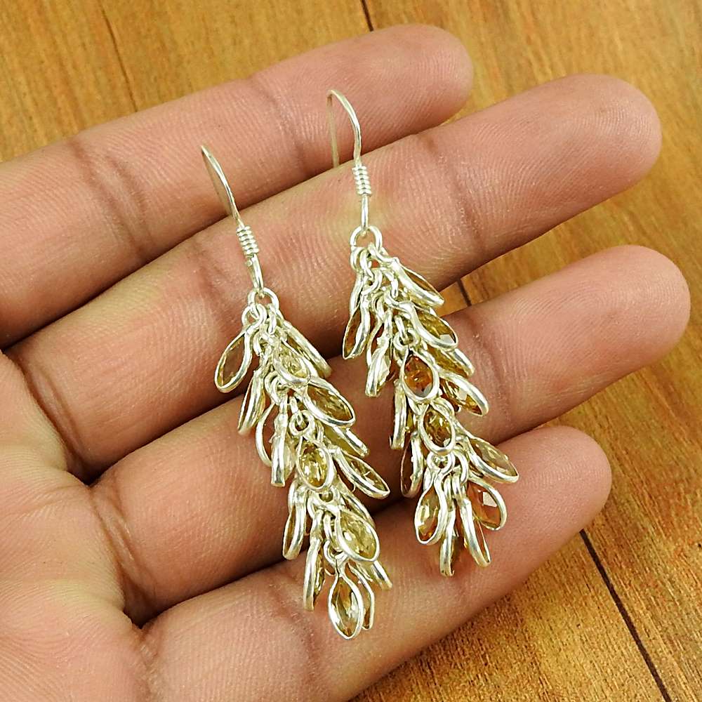 Natural Citrine Gemstone 925 Sterling Silver Dangle Earrings J7