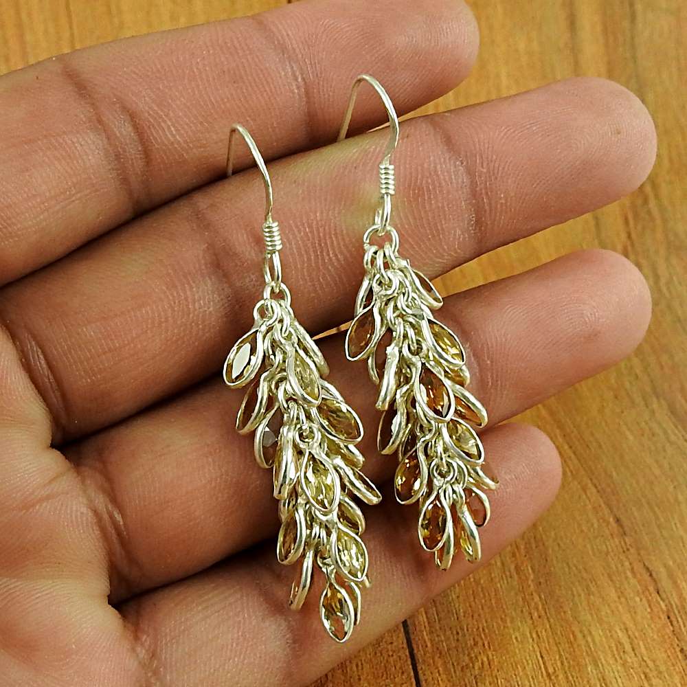 Natural Citrine Gemstone 925 Silver Dangle Bohemian Earrings For Girls B58