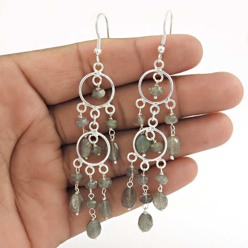 Gift For Her Natural Labradorite Drop/Dangle Boho Earrings 925 Silver C18