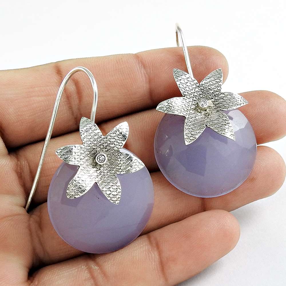 Gift For Her 925 Silver Natural Chalcedony Dangle Boho Earrings M58