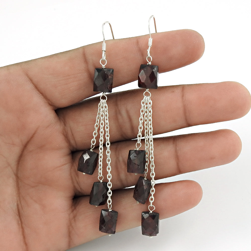 Natural Garnet Gemstone Drop/Dangle Boho Earrings 925 Silver For Girls I5
