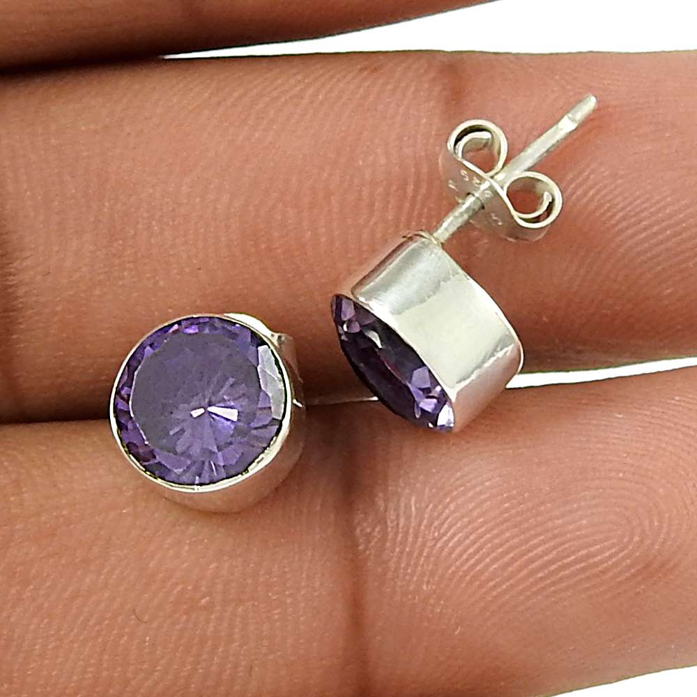 Natural Amethyst Gemstone Stud Boho Purple Earrings 925 Sterling Silver Z58