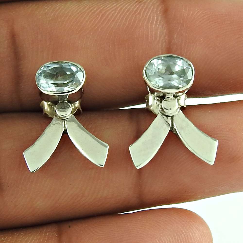 Natural Blue Topaz Gemstone Stud Boho Earrings 925 Sterling Silver For Women A59