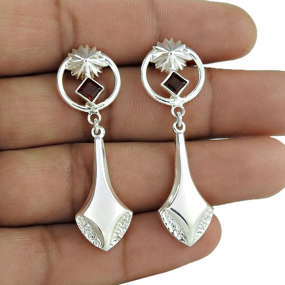 Natural Garnet Gemstone Dangle Boho Earrings 925 Silver For Women E59
