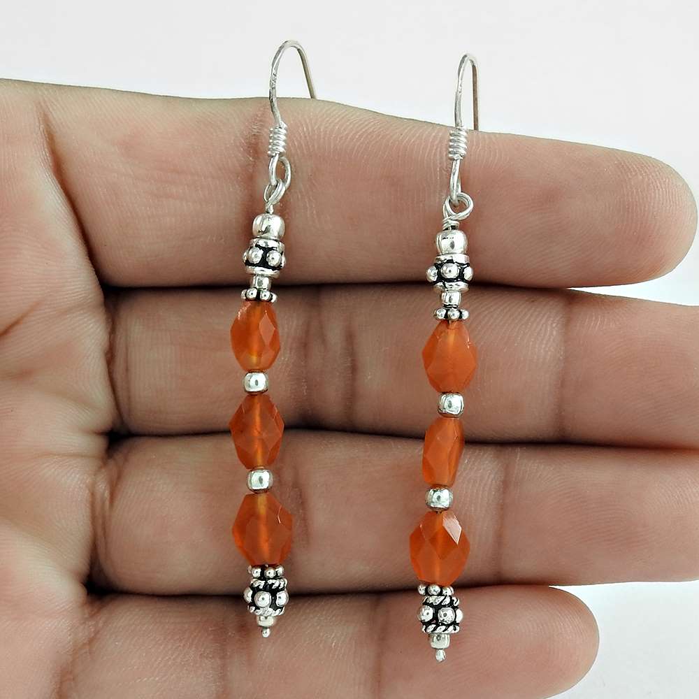 Natural Carnelian Gemstone Dangle Ethnic Earrings 925 Silver For Girls W59