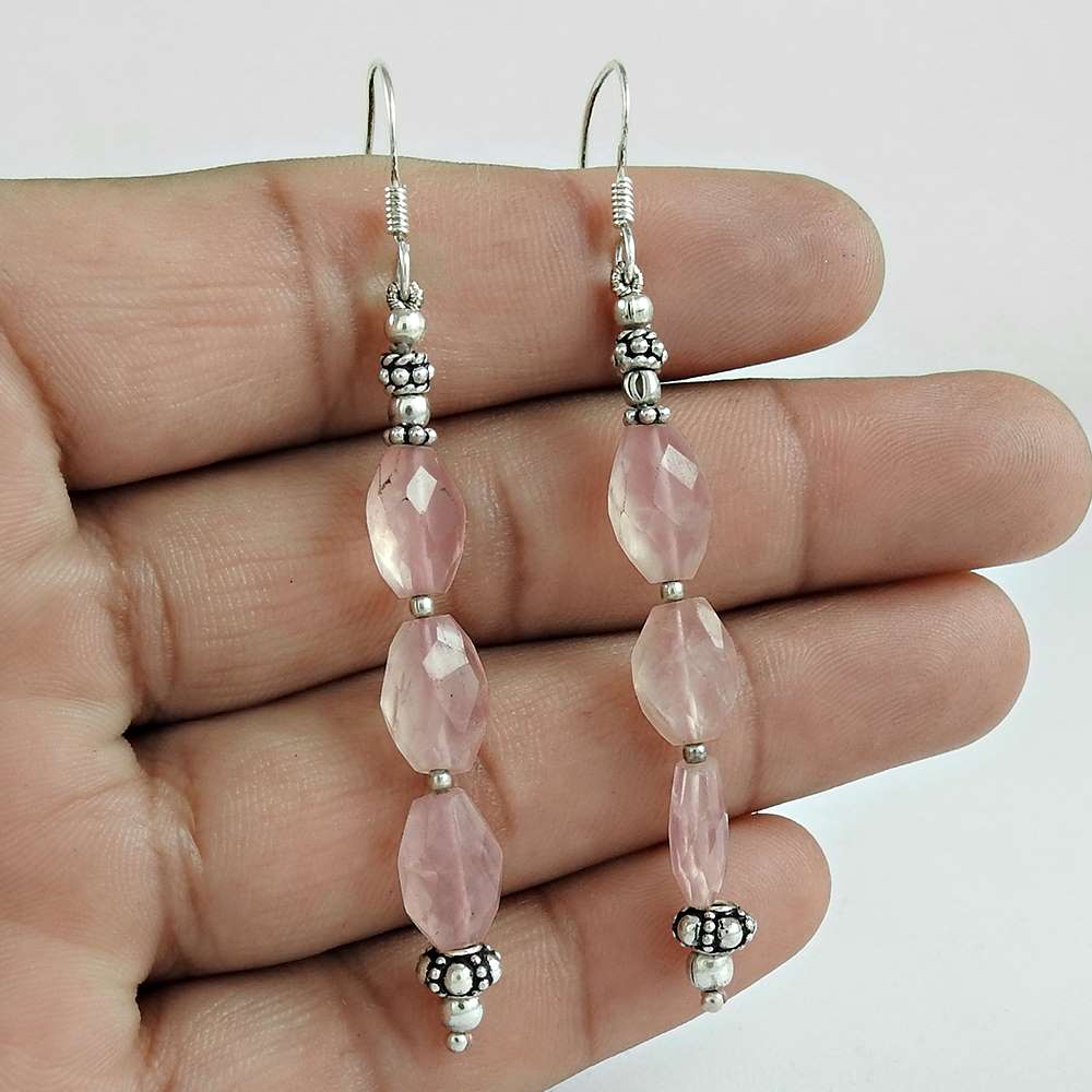 Natural Rose Quartz Gemstone Dangle Vintage Earrings 925 Silver X59