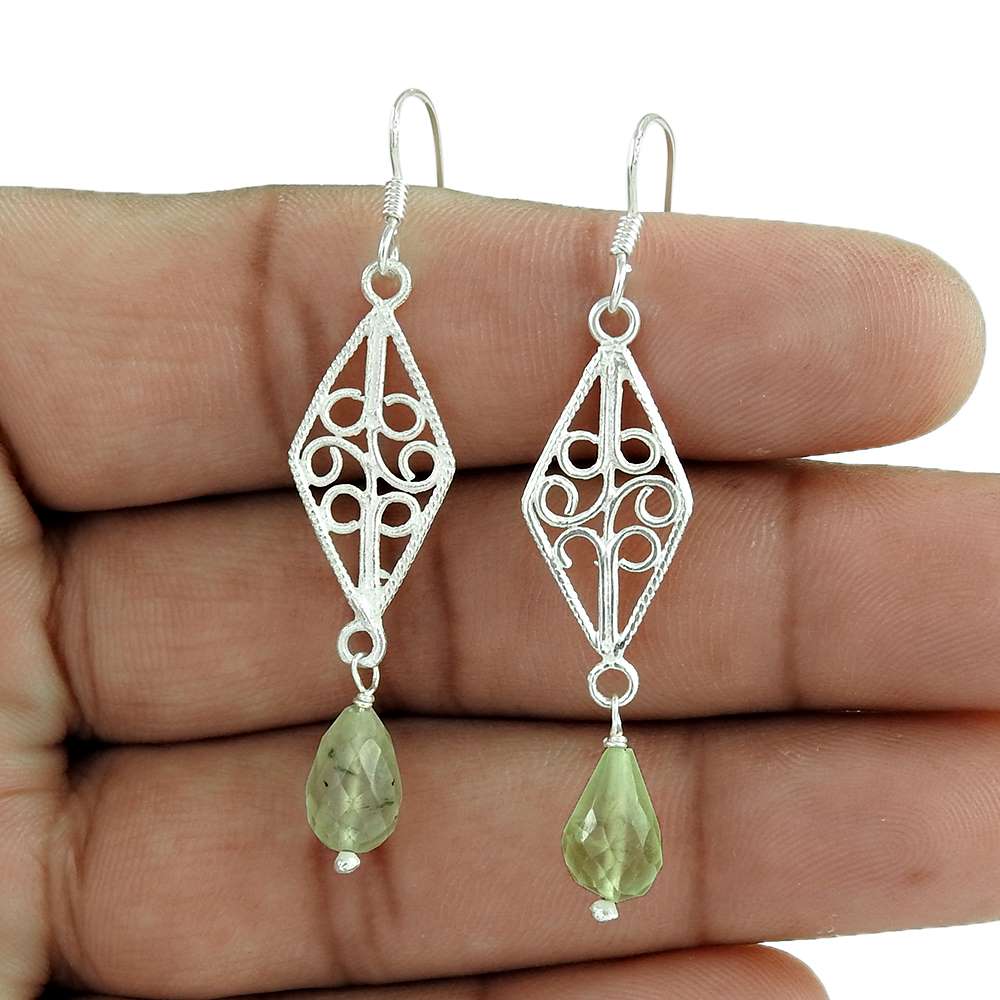 Natural Prehnite Gemstone 925 Silver Dangle Boho Earrings For Girls A60