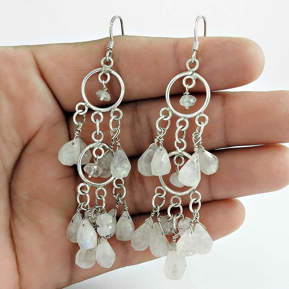 Natural Rainbow Moonstone Dangle Bohemian Earrings 925 Silver For Girls B60