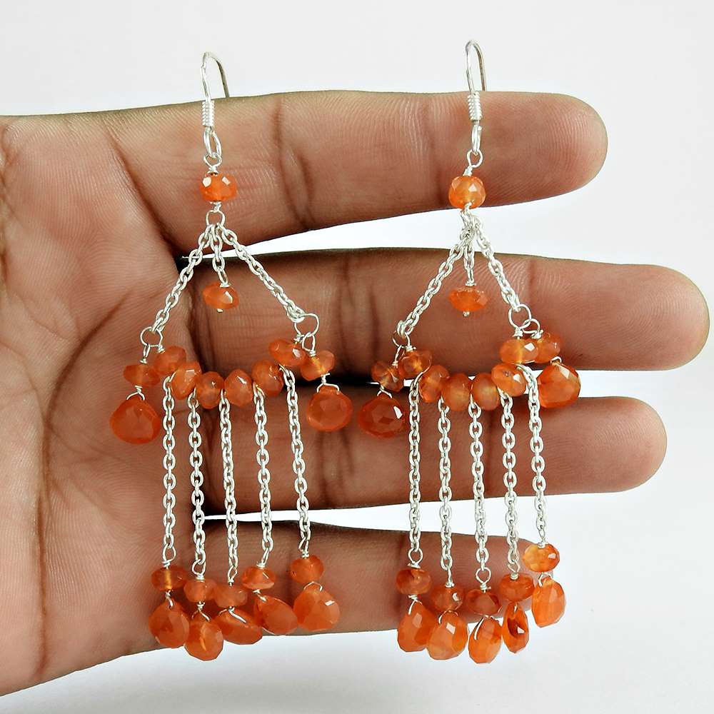 Natural Carnelian Gemstone Dangle Ethnic Earrings 925 Silver For Women D60