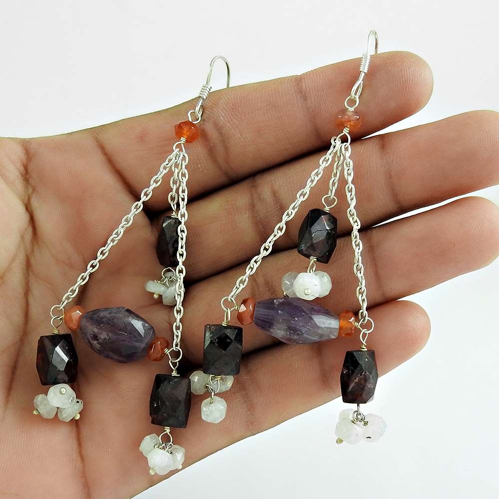 Natural Amethyst Gemstone Dangle Vintage Purple Earrings 925 Silver F60