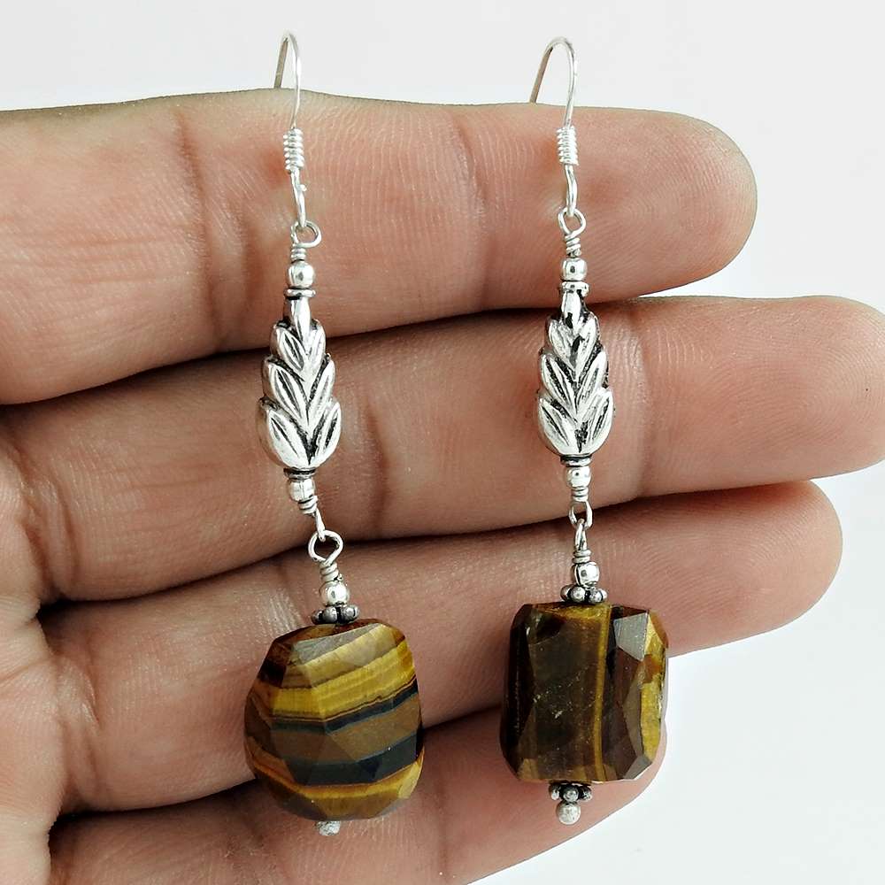 Gift For Women Dangle Tribal Earrings 925 Silver Natural Tiger'S Eye K60
