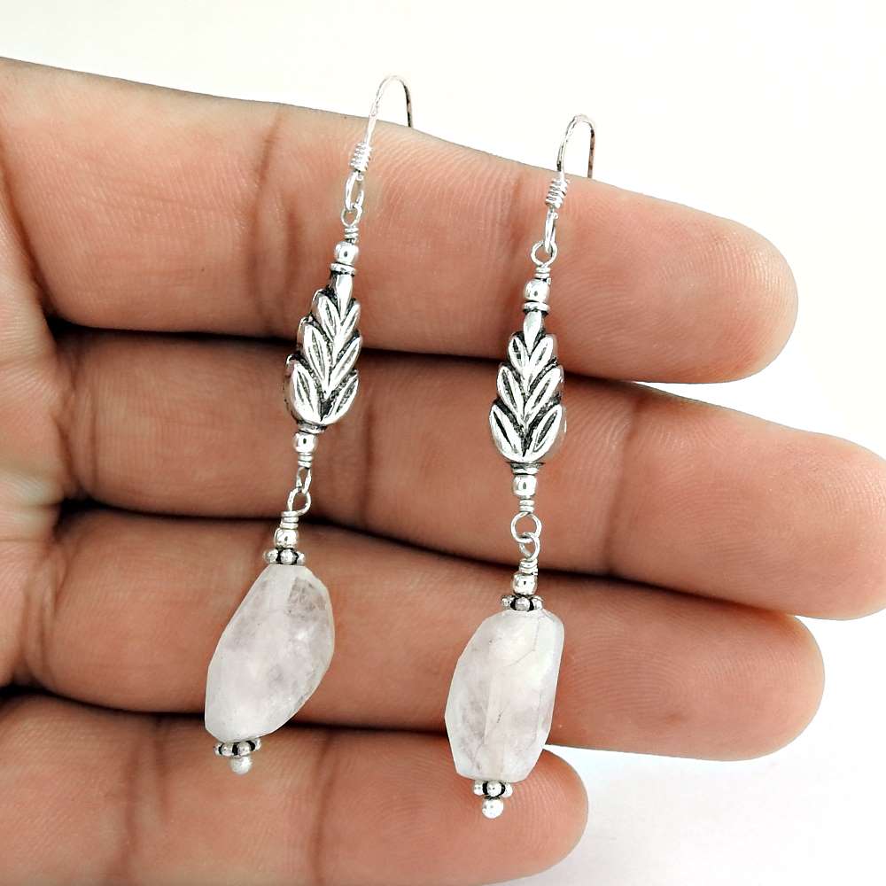 Natural Rainbow Moonstone 925 Silver Dangle Tribal Earrings For Women L60