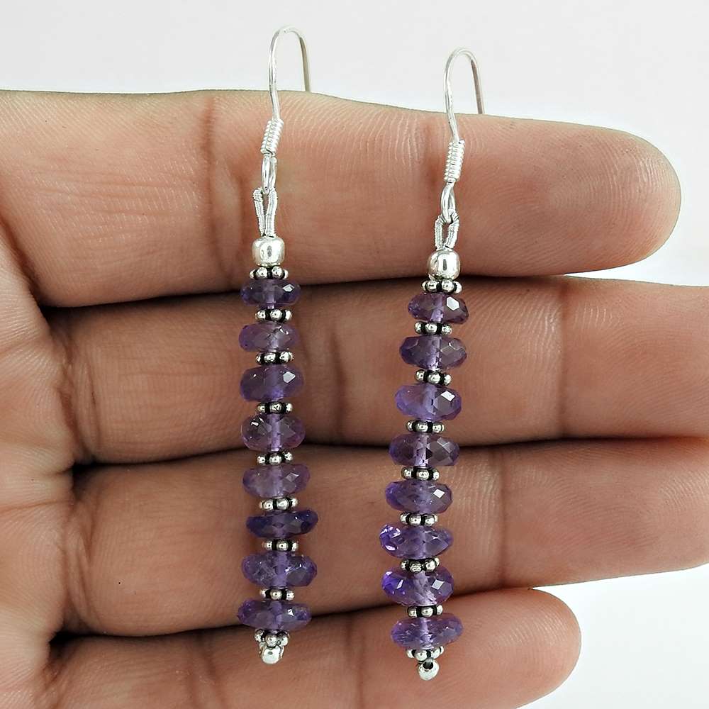Gift For Her Natural Amethyst Dangle Tribal Earrings 925 Silver Q4