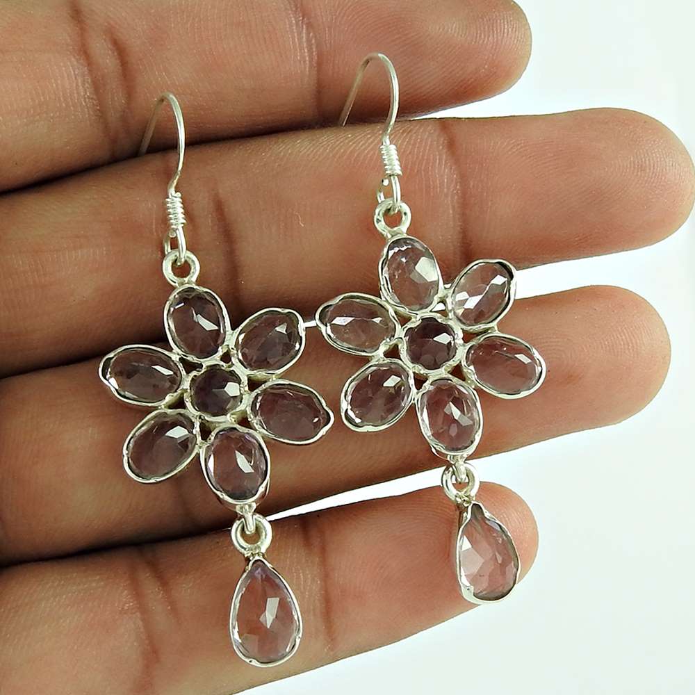 Natural Amethyst Gemstone Dangle Ethnic Earrings 925 Silver For Girls T61